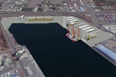 臺中港5A及5B碼頭完工後，風機上部構件組裝圖（3D模擬圖）